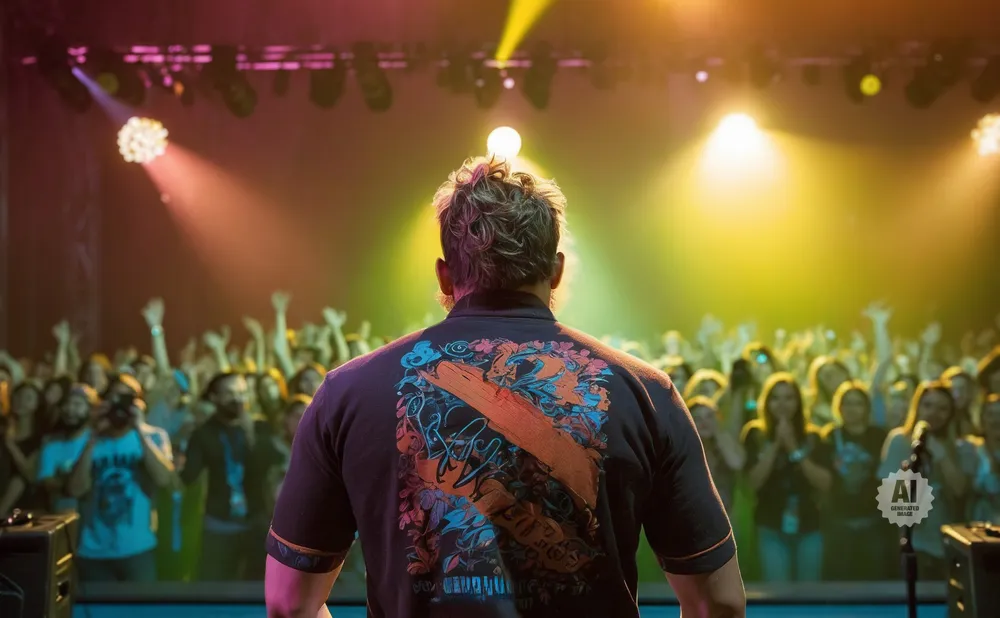 Man on stage faces cheering crowd, illuminated by colorful stage lights.