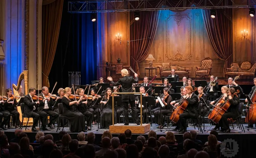 An orchestra performs on stage with a conductor.