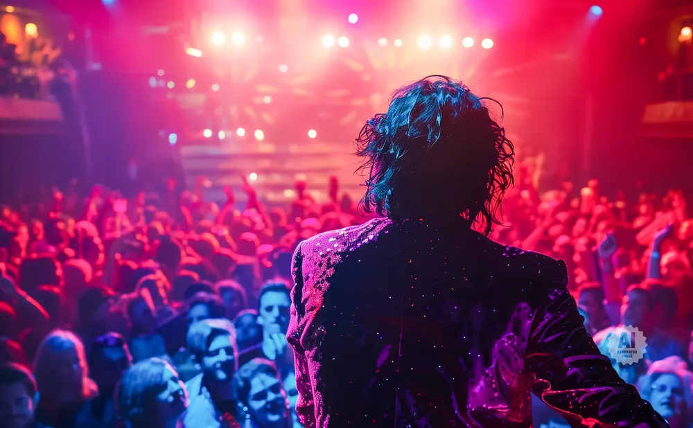 A performer in a sparkly jacket faces a cheering crowd at a concert lit by pink and blue lights.