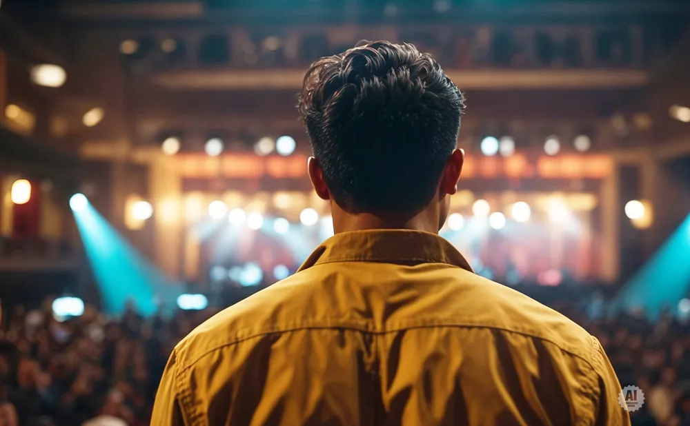 Man in a yellow shirt looks at a brightly lit stage with an audience.