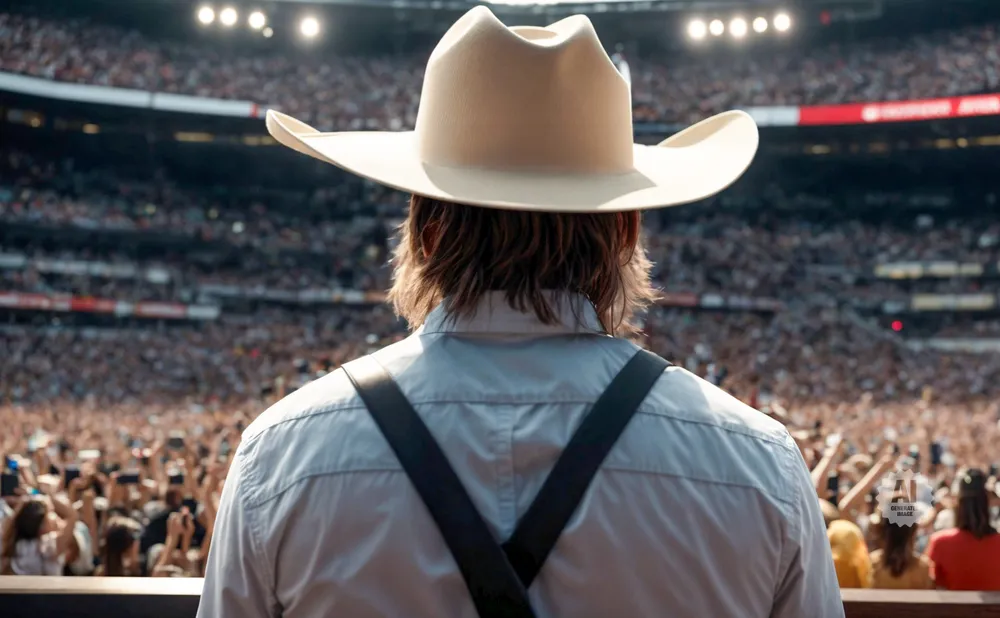 Man in cowboy hat on stage facing a large cheering crowd with hands raised holding phones.