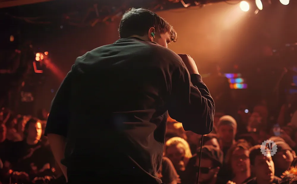 A singer on stage at a concert, facing away from the camera, with an audience visible in the background.