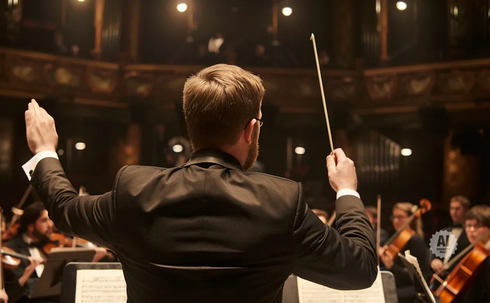 Conductor leading an orchestra with a baton, back to camera.