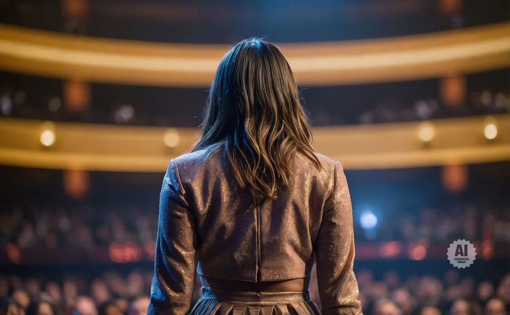 Woman on stage facing away from camera in a sparkly outfit, with an audience and stage lights in the background.