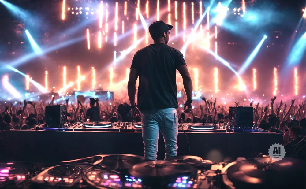 DJ performing for a cheering crowd with a vibrant light show.