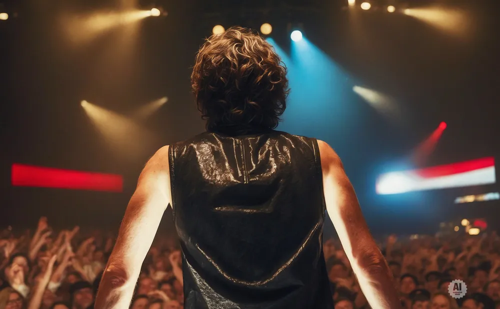 A rock singer in a black vest on stage with a cheering crowd.