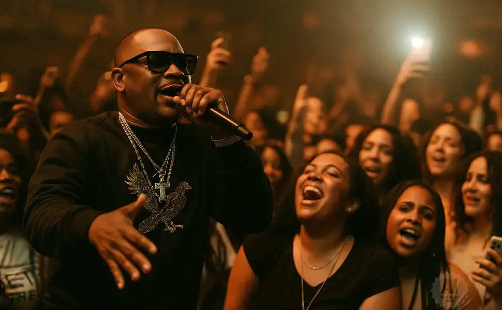A rapper in sunglasses and a jeweled pendant performs for a lively, cheering crowd at a concert.