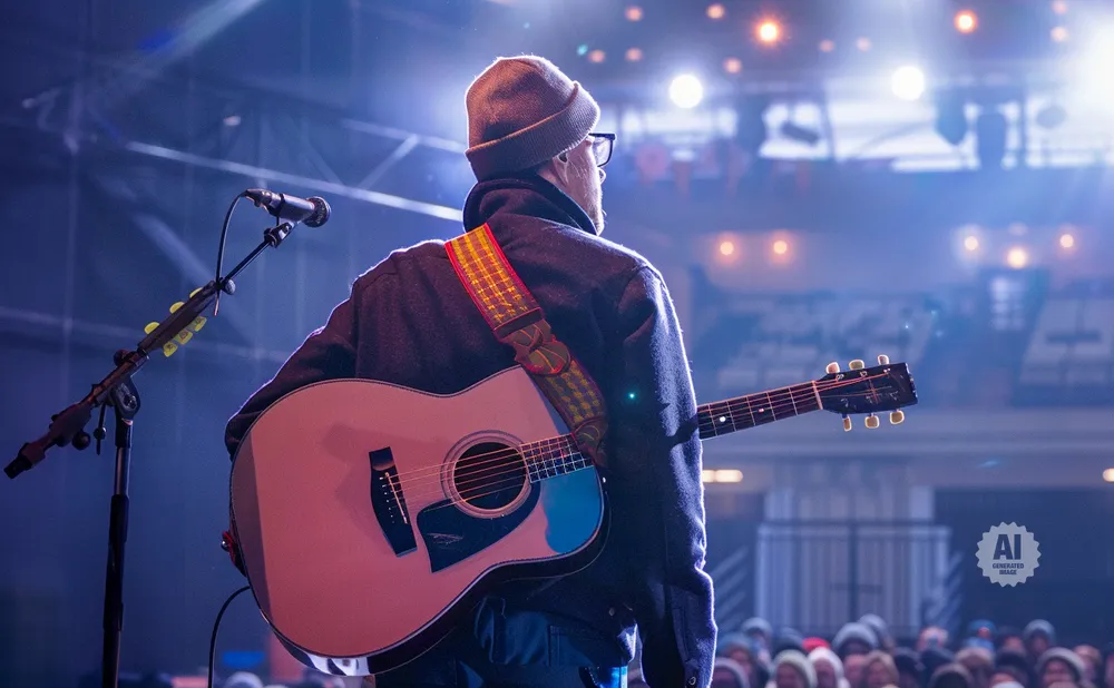 A man in a beanie and glasses plays an acoustic guitar on stage, illuminated by bright spotlights.
