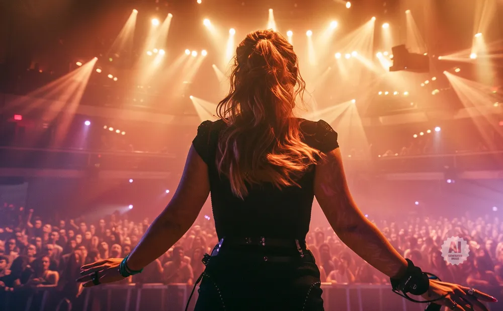 Singer on stage, arms outstretched, facing a cheering crowd under dramatic stage lights.
