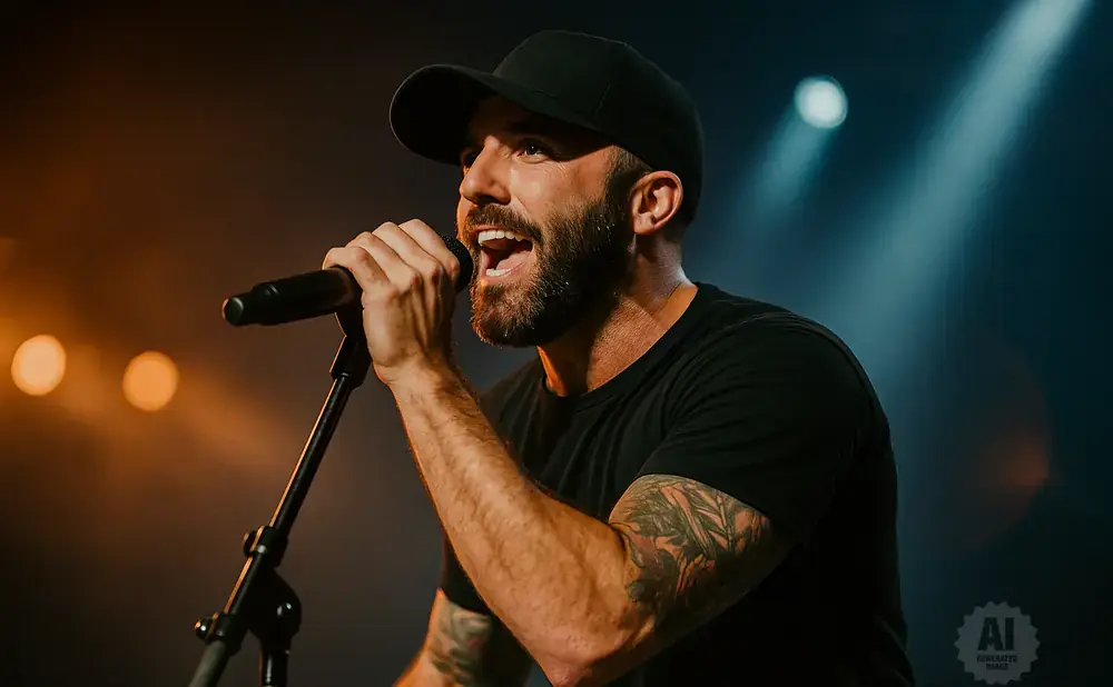 A male singer with a beard and black baseball cap, wearing a black t-shirt, sings into a microphone on stage.