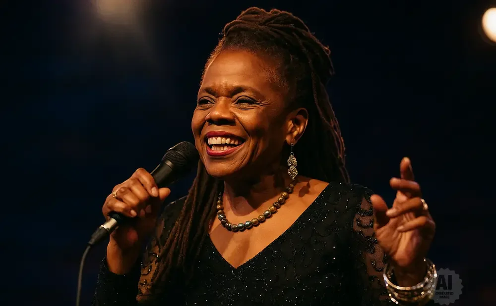 A Black woman with dreadlocks sings into a microphone, smiling broadly and wearing a sparkly black dress.
