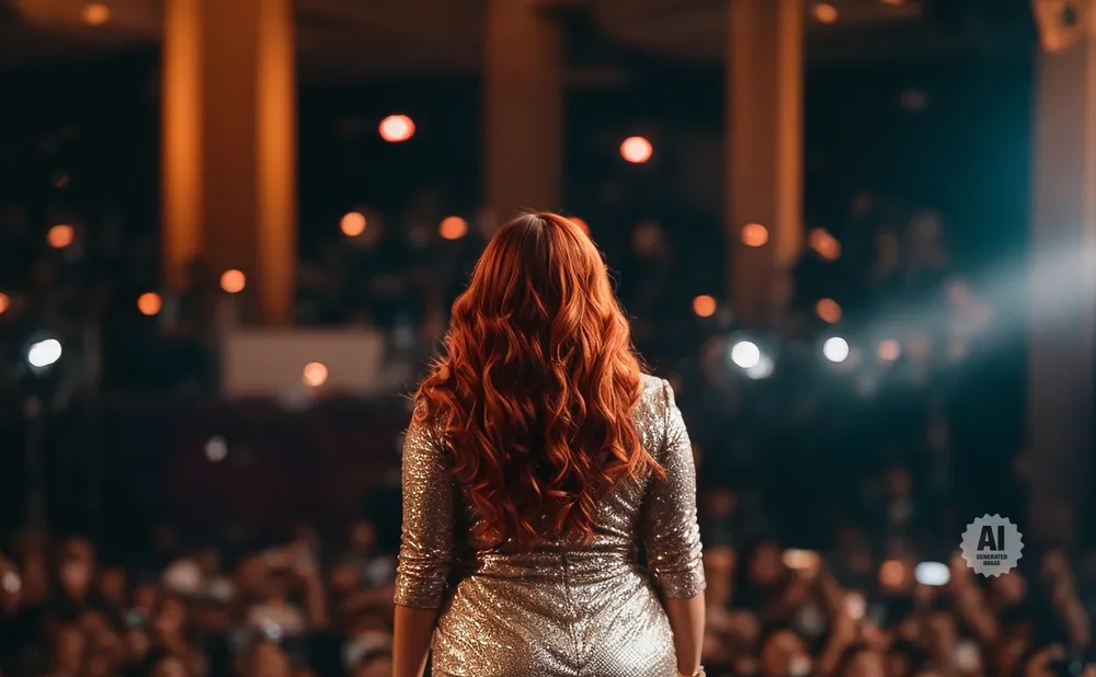 Woman with long, wavy red hair in a sparkly gold dress on stage, facing an audience.