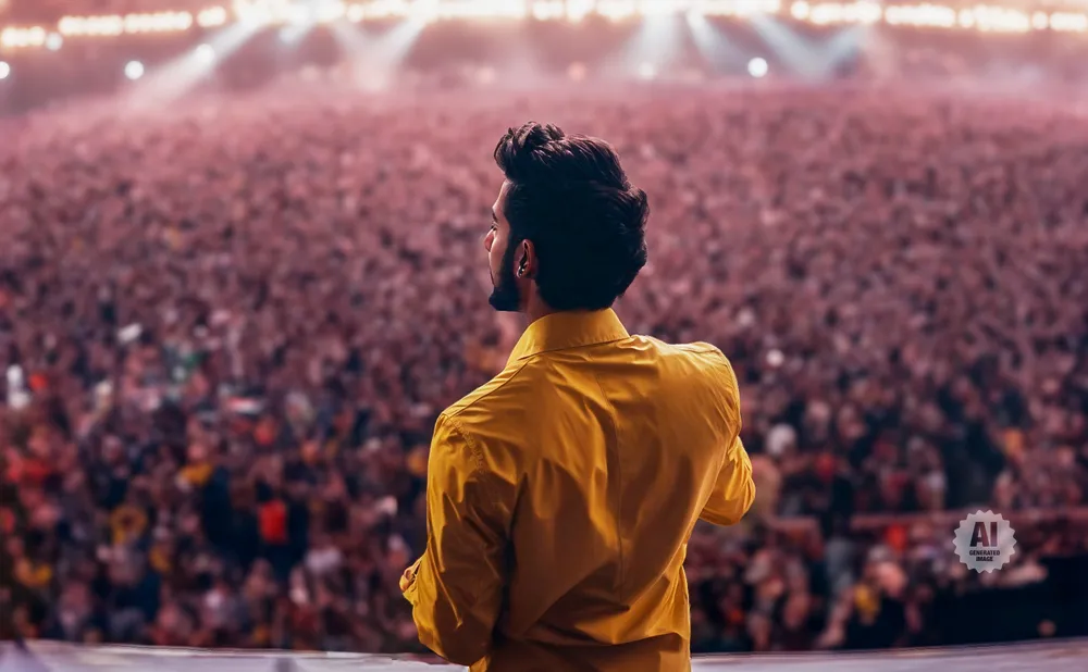Man in a yellow shirt on stage facing a large, cheering crowd at a concert.
