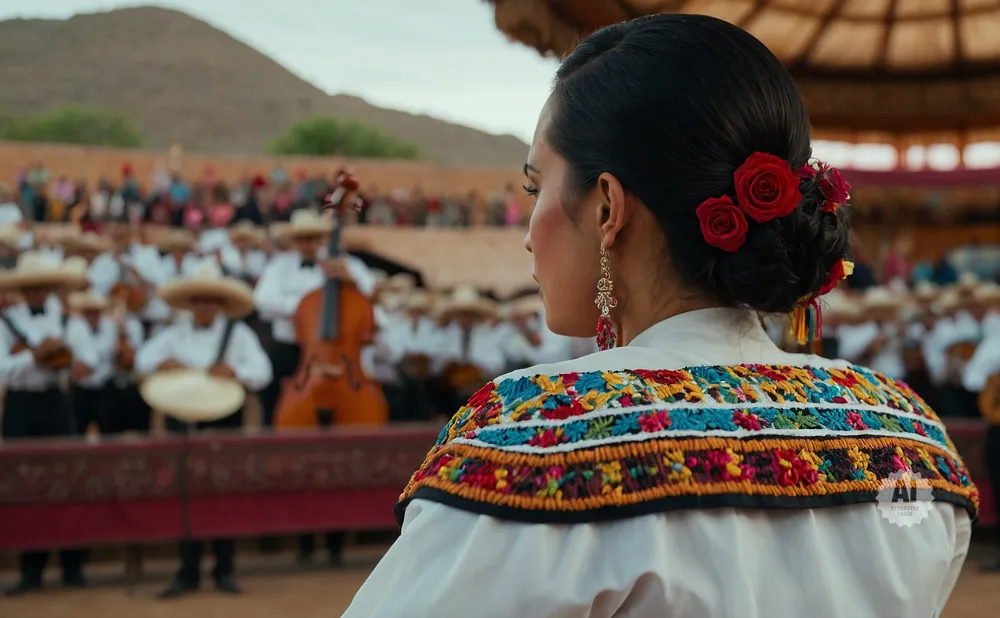 Woman in traditional Mexican attire with embroidered shirt and red roses in her hair, facing away from camera.