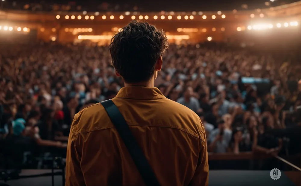 Man in a tan shirt on stage facing a large, blurred audience under warm stage lights.