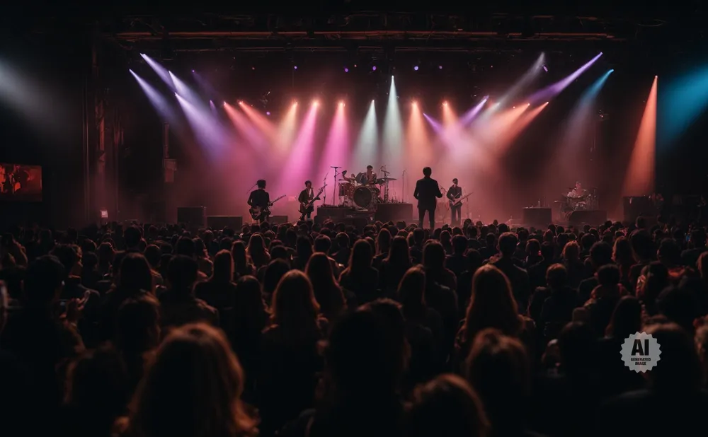 A band performs on a brightly lit stage to a large, silhouetted audience.