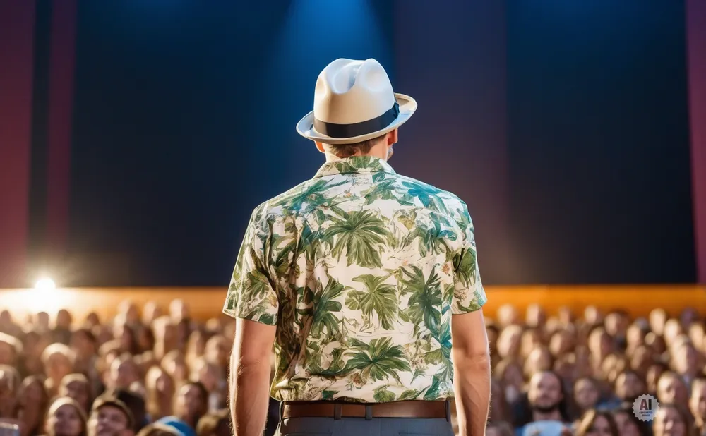 Man in a tropical shirt and hat facing away from the camera on a stage, with an audience in the background.