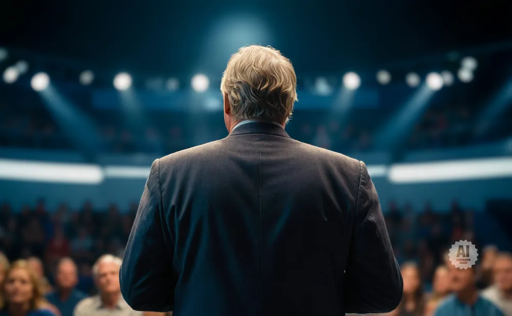 A man in a suit stands with his back to the camera, addressing a blurred audience under stage lights.