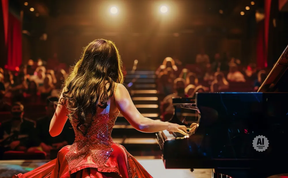 Woman in a sparkly red dress plays piano on stage with an audience watching.