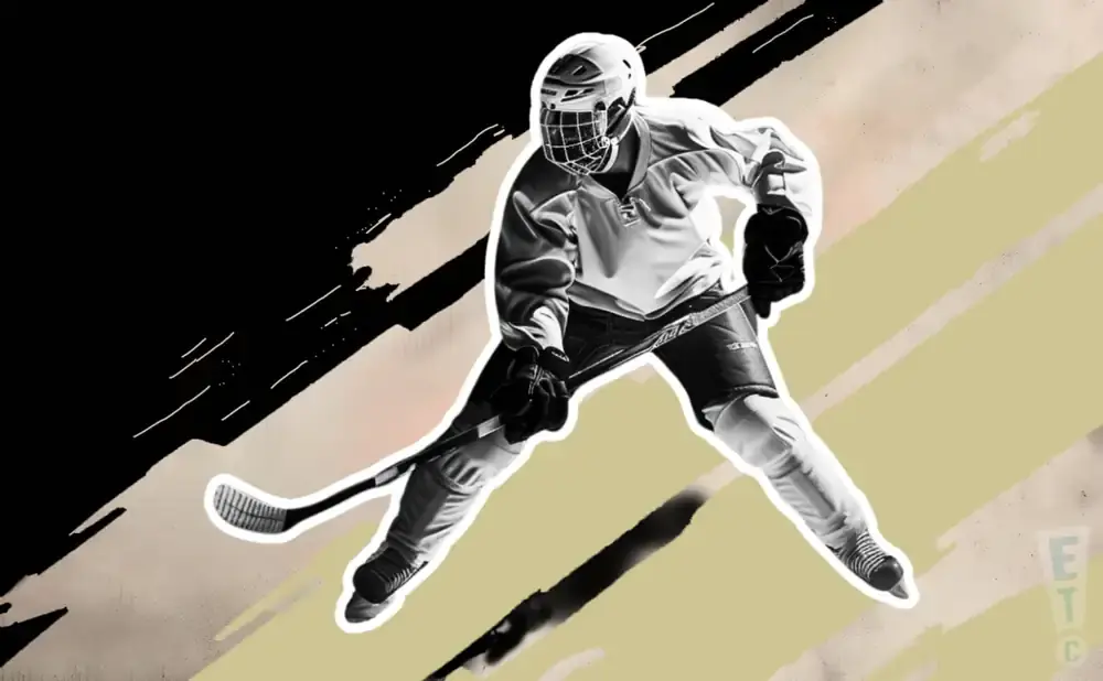 A hockey player in full gear skates with a stick, in a dynamic pose against a black and tan background.