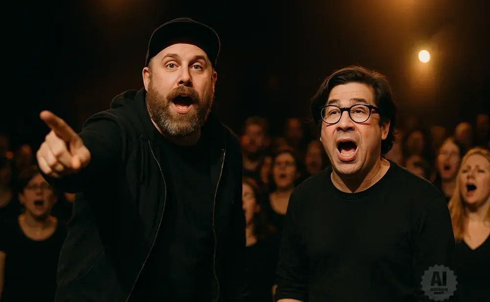 Two men in black shirts and a choir sing with mouths open, one pointing forward.