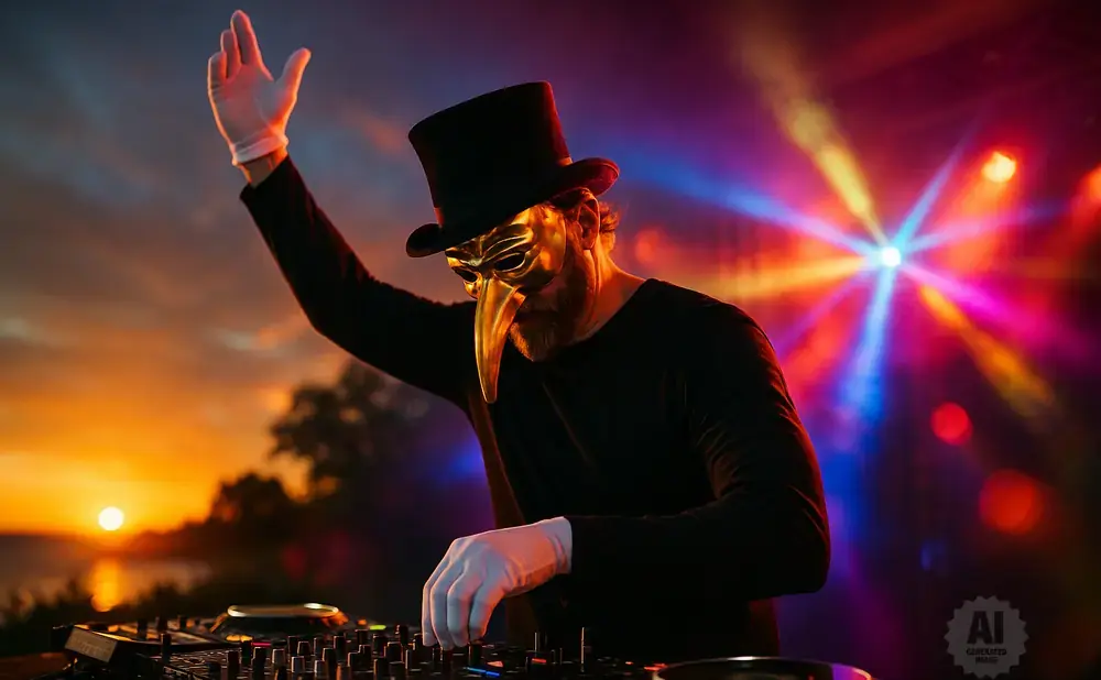 DJ in a plague doctor mask and top hat at a turntable during a sunset rave.