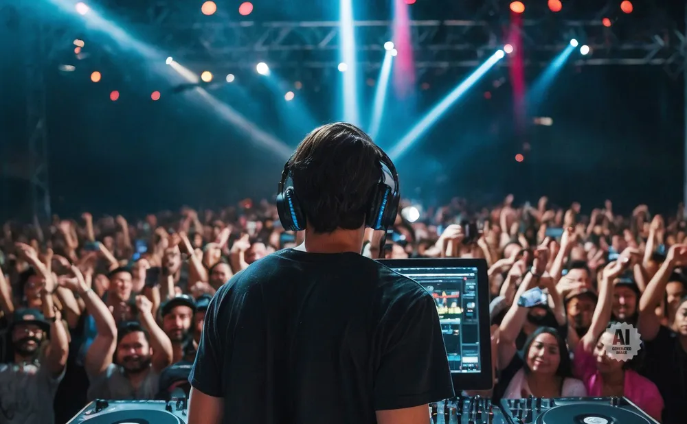 DJ wearing headphones plays music for a cheering crowd under blue and pink stage lights.