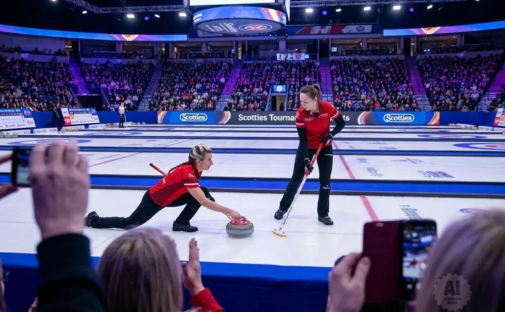 Two women in red curling uniforms play on an ice rink with a crowd watching in the background.