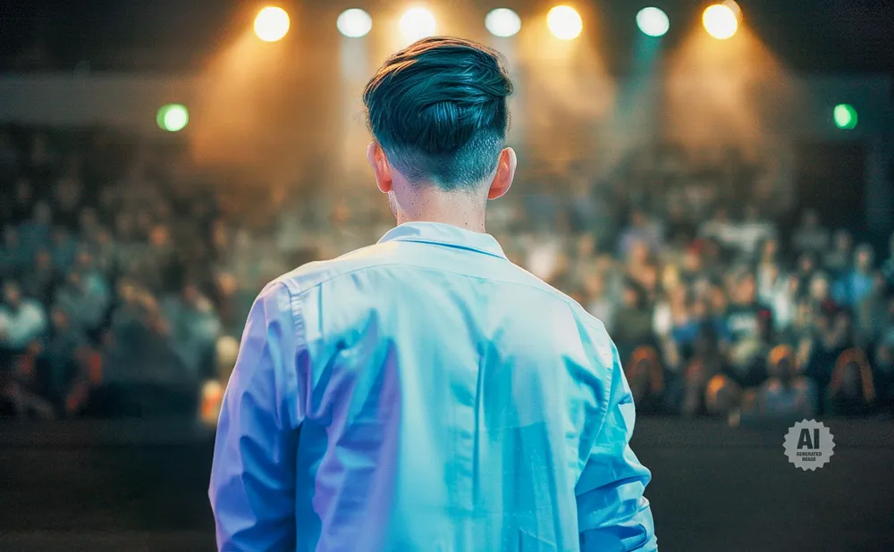 Man in blue shirt facing away from camera, on stage with audience and lights.