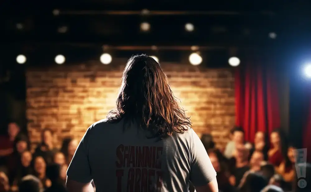 A comedian with long hair faces away from the camera on a stage, with a brick backdrop and an audience in the foreground.