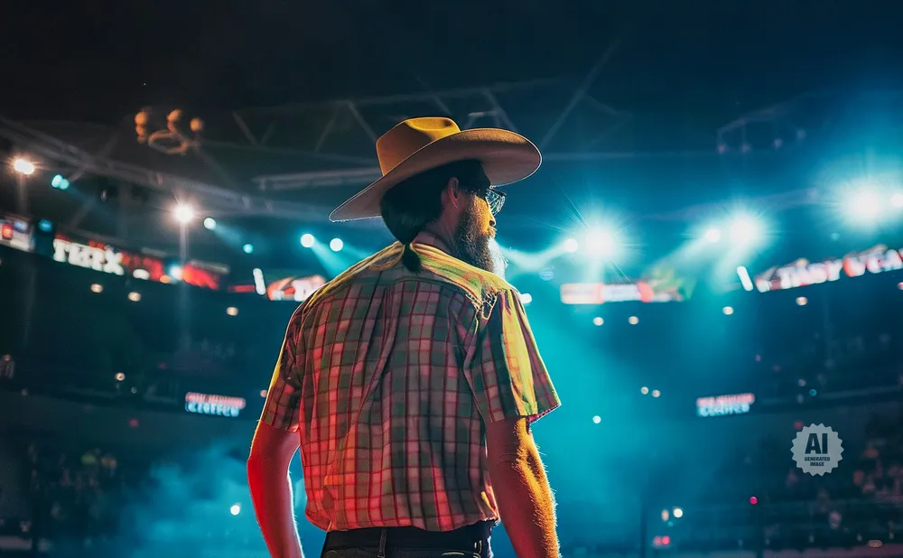 A cowboy with a beard and hat stands in a stadium, looking at bright lights.