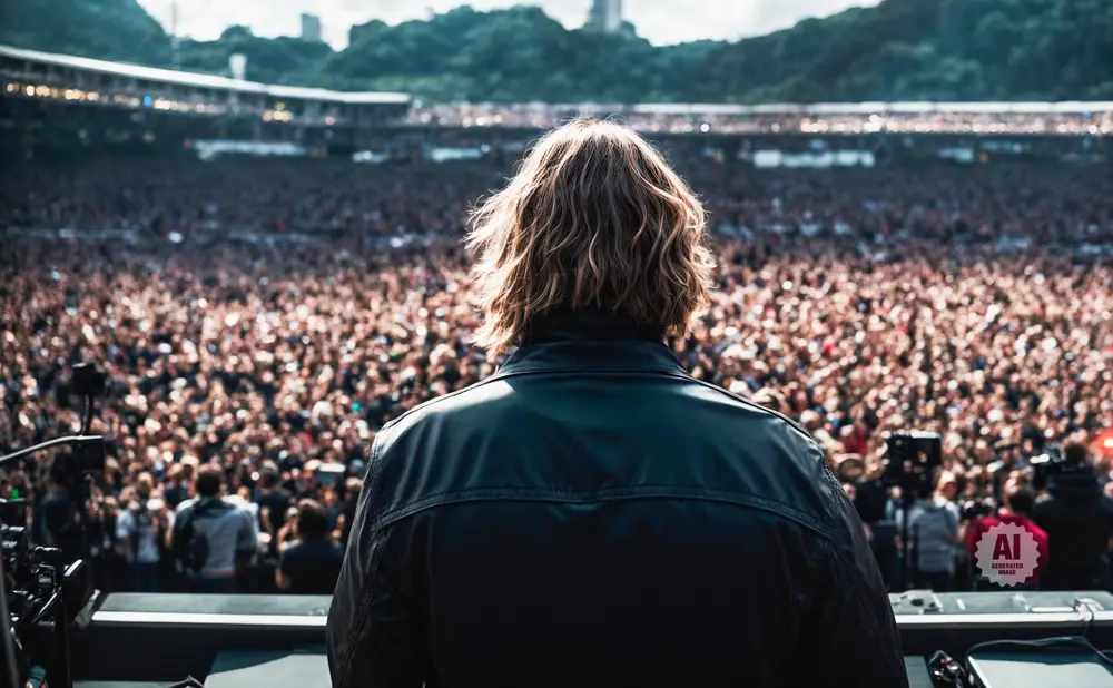 Back view of a person with wavy hair in a black jacket, facing a large, cheering crowd at an outdoor concert.