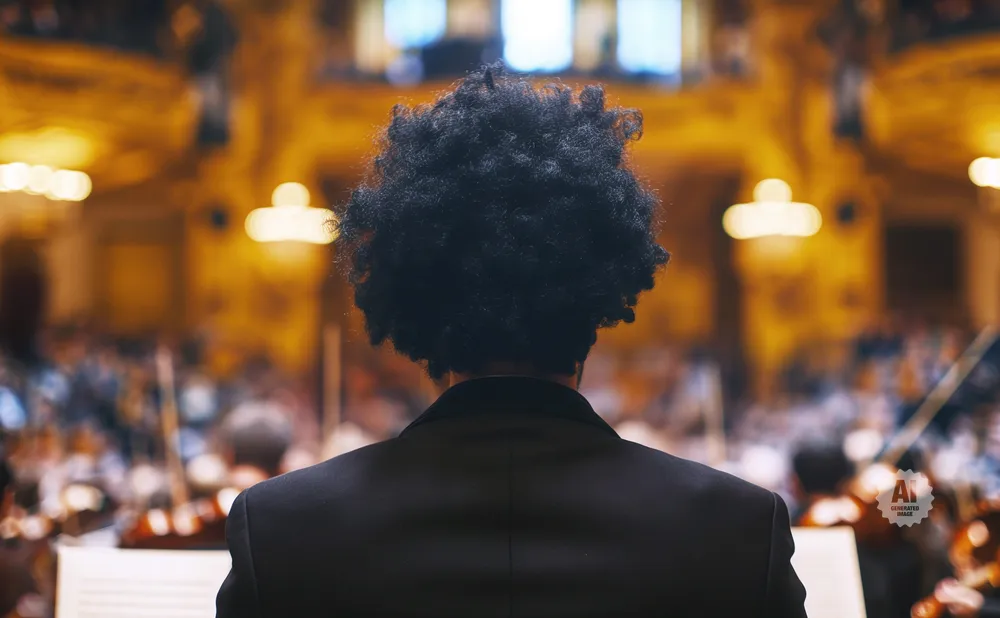 A conductor with an afro faces an orchestra in a concert hall.