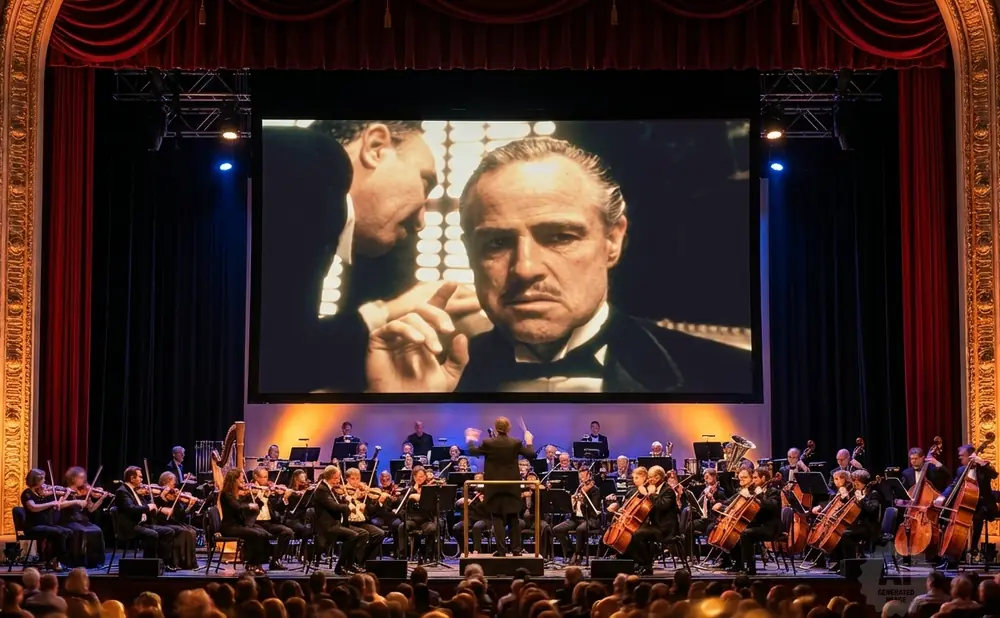 An orchestra performs in front of a large screen showing a scene from The Godfather.