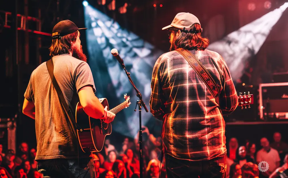 Two men play guitar on stage at a concert, facing away from the camera.