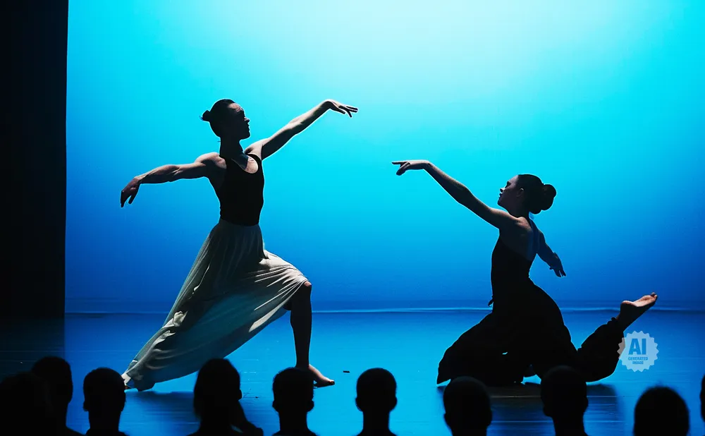 Two dancers perform on a stage with a blue backdrop; one in a light skirt, the other in dark pants.