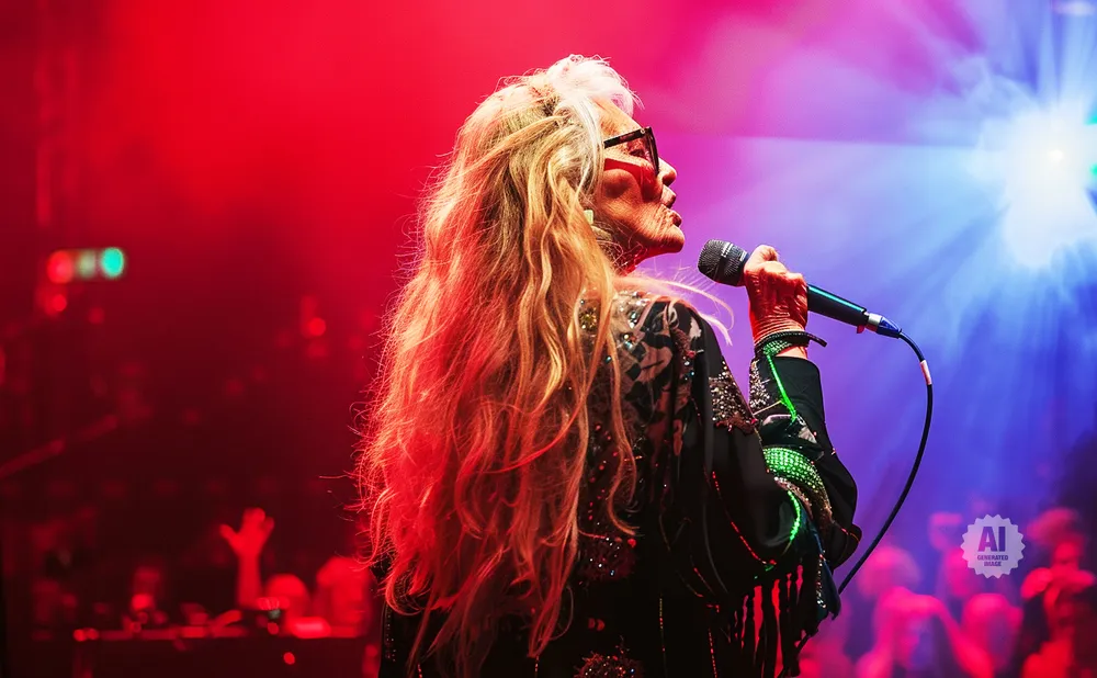 Singer with long blonde hair and glasses sings into a microphone on a stage lit by red and blue lights.