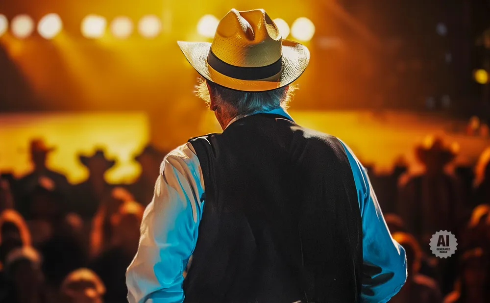 Man in a hat on a stage with bright lights and a blurred audience.