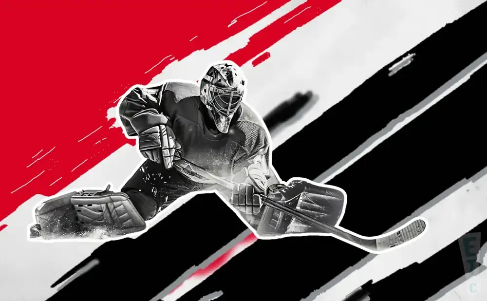 Hockey goalie in a crouched position, with a red and black abstract background.
