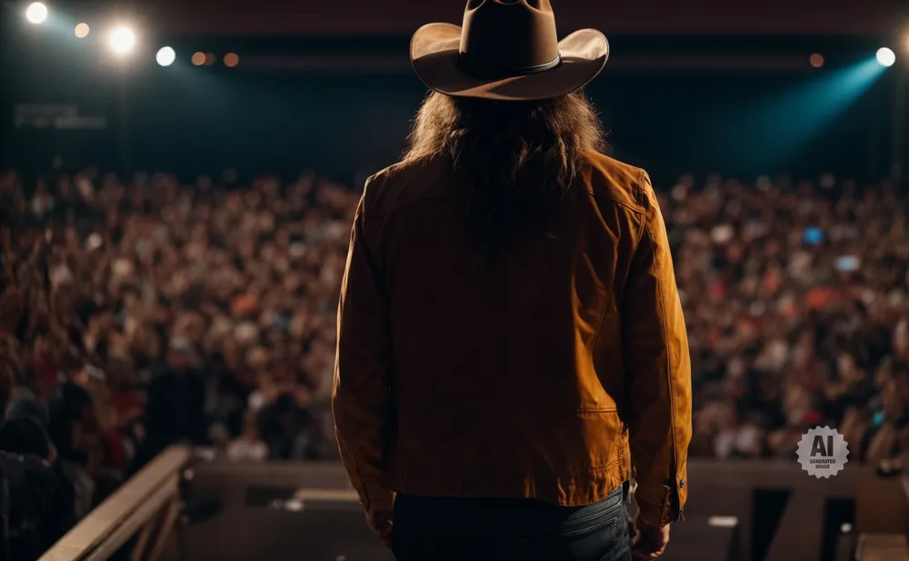 Back view of a country singer with a cowboy hat and long hair on stage, facing a large, blurred audience.