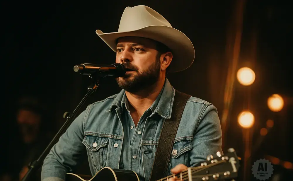 Man wearing a cowboy hat and denim jacket plays guitar and sings into a microphone.
