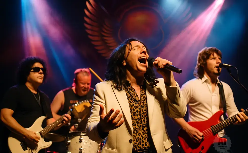 A band performs on stage with bright spotlights. The lead singer is in the foreground, wearing a leopard-print shirt and a cream jacket.