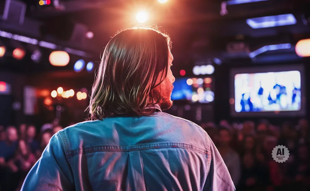 Man with long hair facing away from camera on a stage with bright lights and a crowd in the background.
