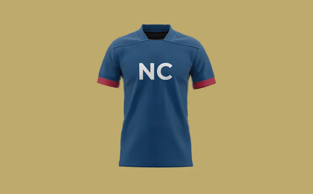 A blue t-shirt with maroon trim on the sleeves and collar, featuring 