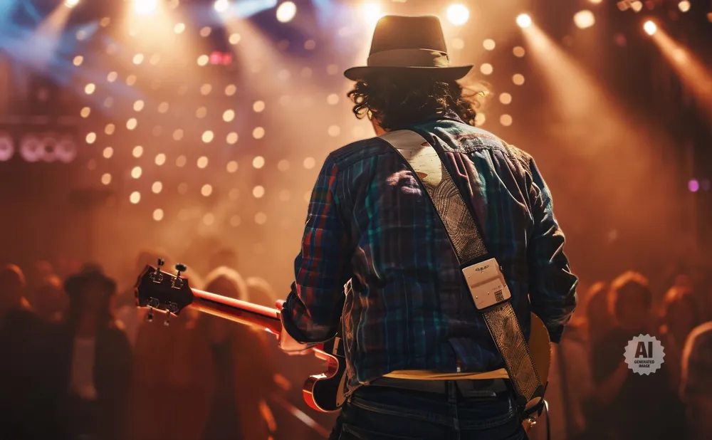Guitarist in a fedora and plaid shirt plays guitar on stage with a crowd in the background.