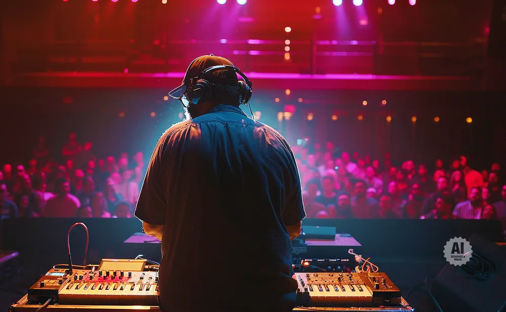 DJ with headphones on at a console, facing a crowd at a concert.