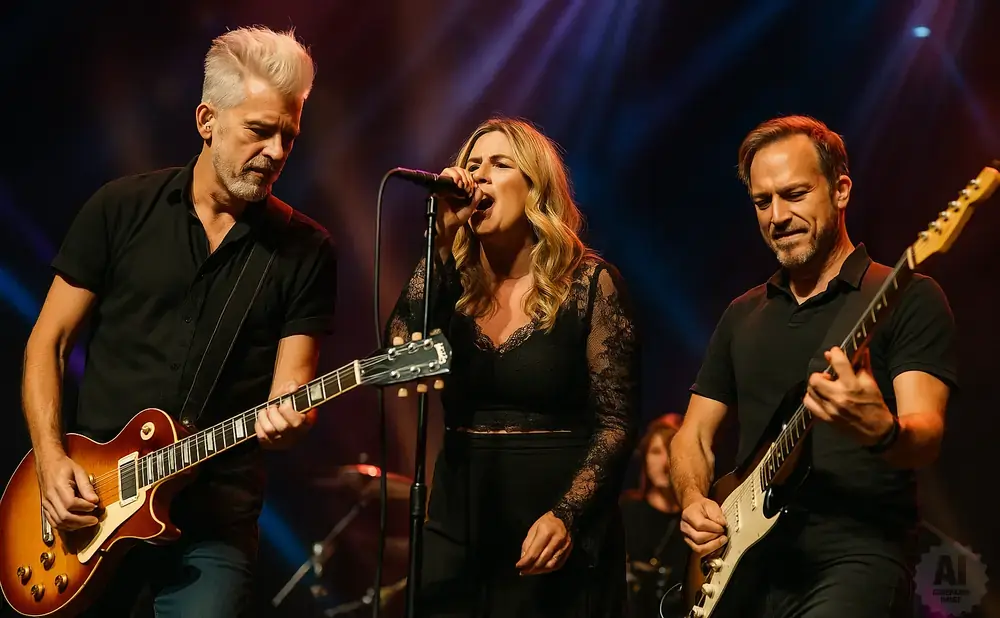 A band performs live on stage, with a male guitarist on the left, a female singer in the center, and a male guitarist on the right.