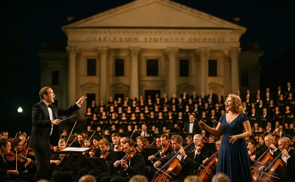 A conductor leads a symphony orchestra and choir in front of a grand building at night.