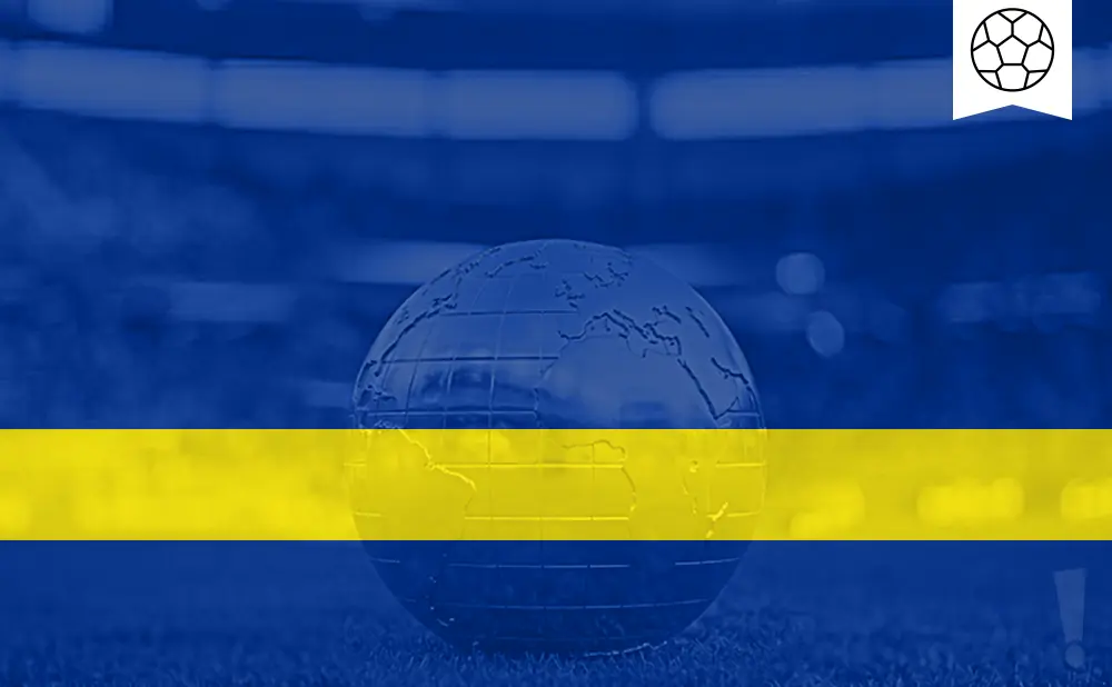 A globe with blue and yellow stripes overlays a stadium background. A soccer ball icon is in the upper right.