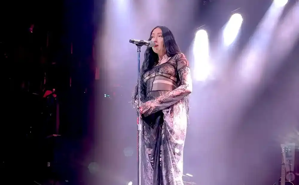 Singer with long dark hair in a sheer, patterned dress performs on stage with bright spotlights behind her.